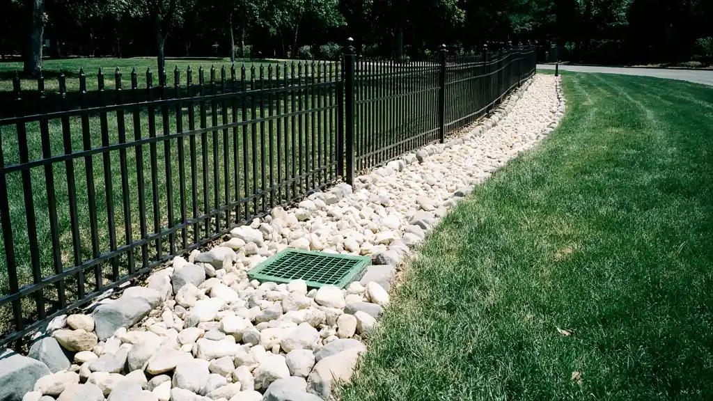 White river rock drainage channel along black ornamental fence with green drainage grate, installed by Stockton Swift Fix in Stockton CA.