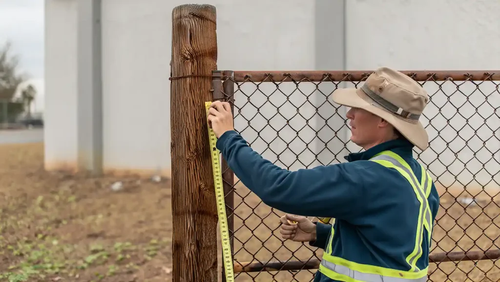 Stockton Swift Fix professional measuring chain-link fence post for repair, demonstrating expert fence maintenance services in Stockton CA.