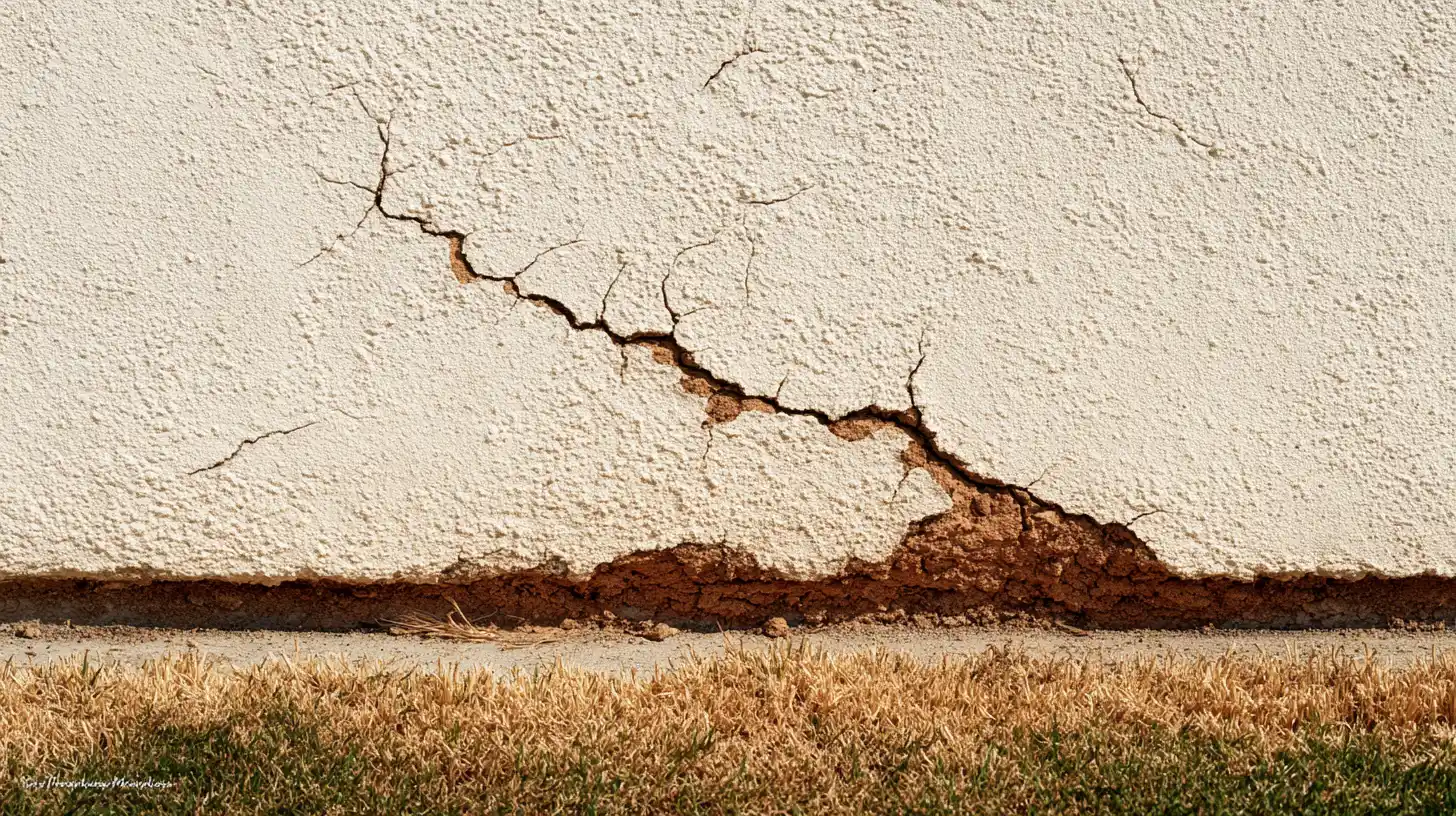 Close-up of foundation crack damage showing stucco wall deterioration requiring repair in Stockton CA