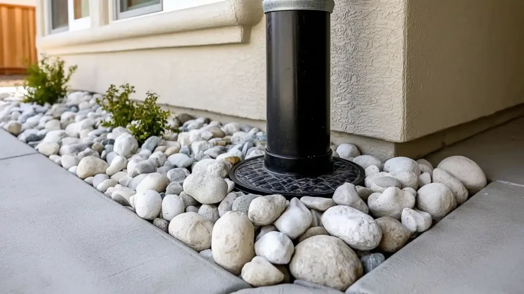 Close-up of foundation drain installation with black pipe and white rock showing professional drainage detail work by Stockton Swift Fix in Stockton CA.