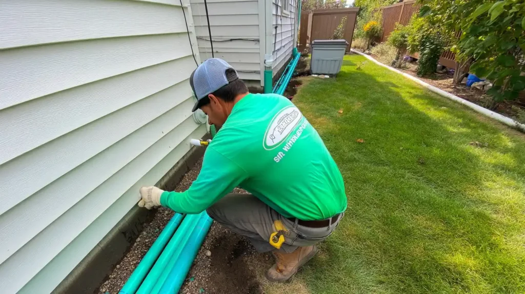 Stockton Swift Fix professional installing foundation drainage system with perforated pipe along house foundation in Stockton CA backyard.