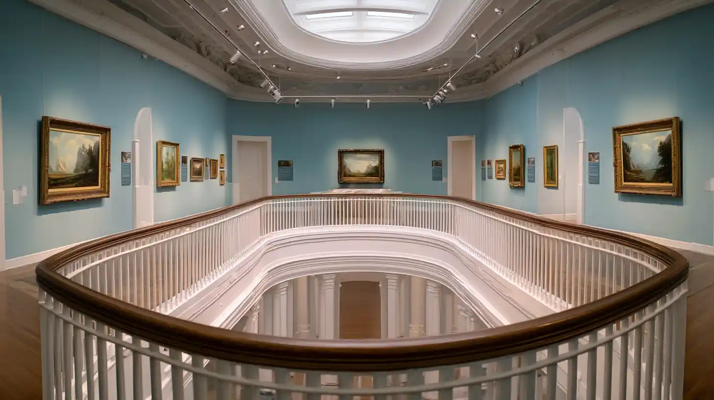 Interior of Haggin Museum with curved staircase, skylight, and landscape paintings displayed in elegant gallery in Stockton CA.