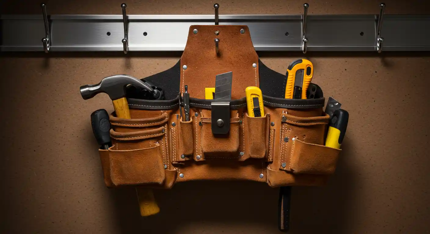Professional leather tool belt with hammer, utility knife, and handyman tools organized for service calls by Stockton Swift Fix in Stockton CA.