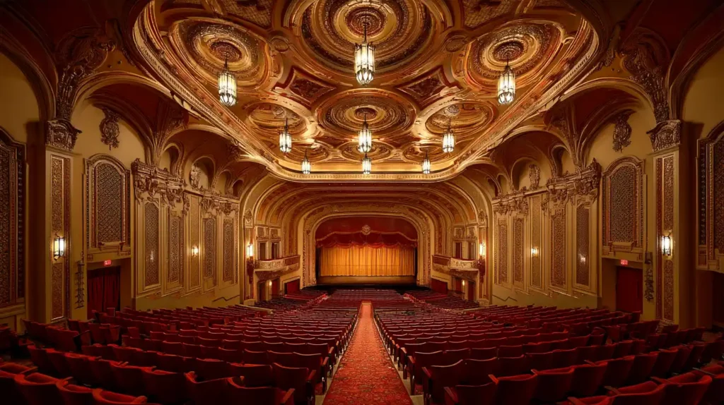 Historic Bob Hope Theatre interior with ornate golden ceiling, red velvet seats, and grand stage in downtown Stockton CA.
