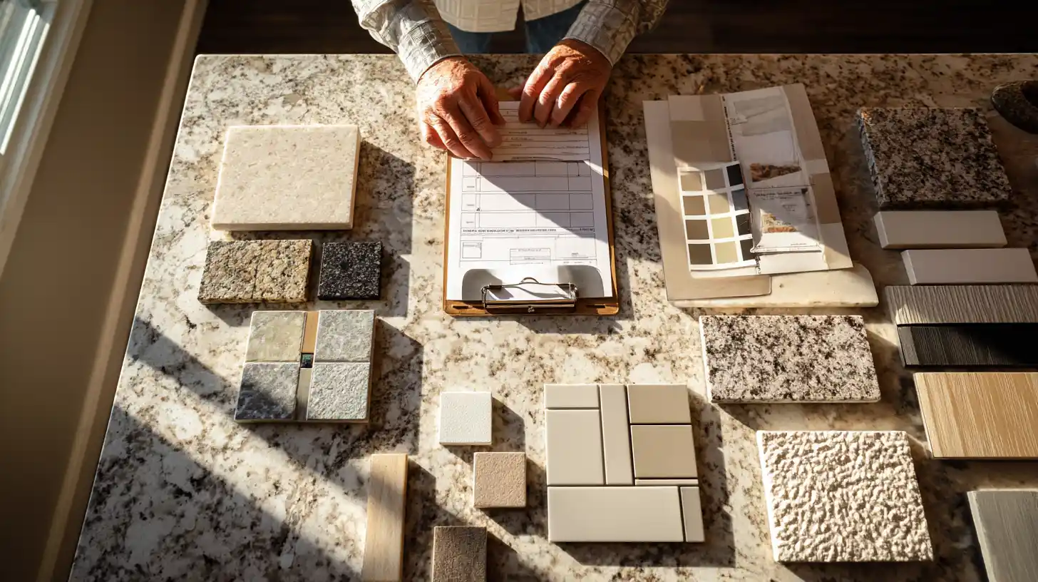 Kitchen design planning with material samples including countertop and tile options for Stockton CA remodel