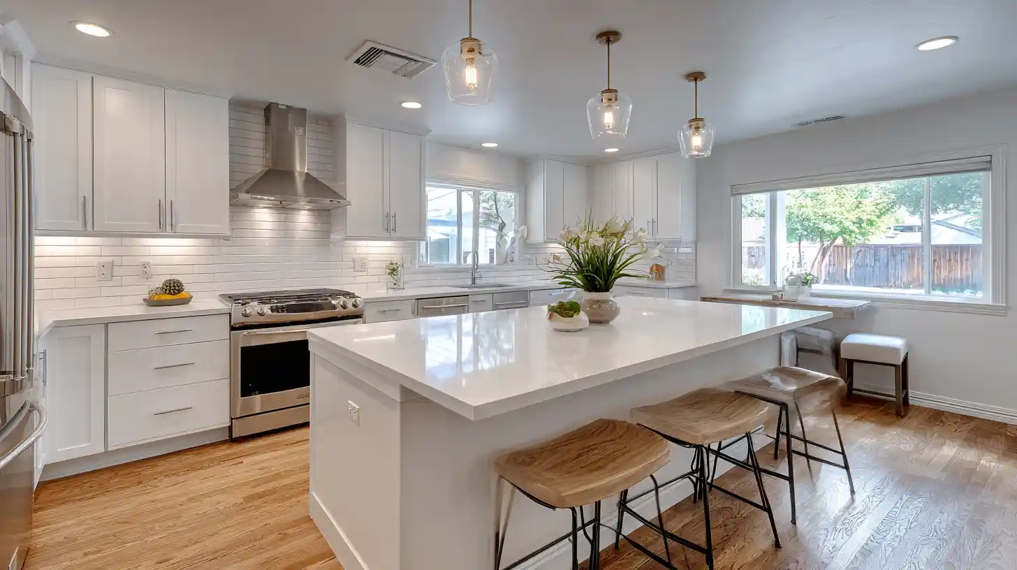 Completed kitchen remodel with white cabinets, island with pendant lights in Stockton CA home