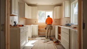 Handyman installing kitchen cabinets with tools and materials during renovation project by Stockton Swift Fix in Stockton CA.