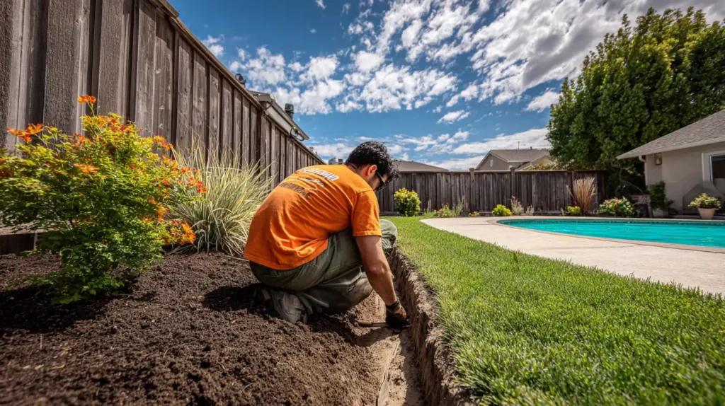 Stockton Swift Fix professional in orange shirt installing landscaping drainage near pool area in Stockton CA backyard with decorative plantings.