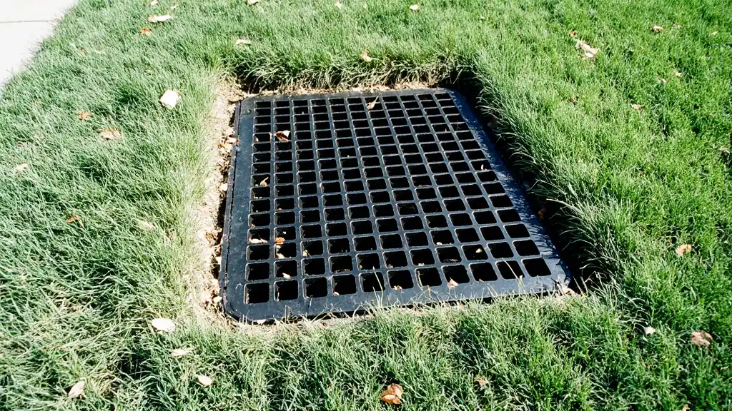 Black drainage grate installed flush with lawn showing professional yard drainage work by Stockton Swift Fix in Stockton CA residential property.