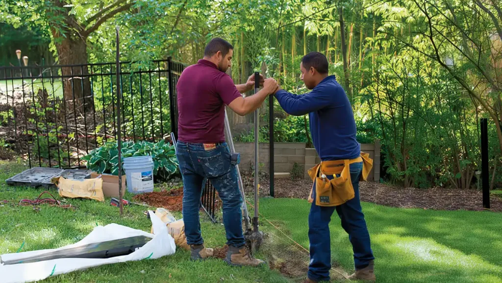 Stockton Swift Fix team installing ornamental metal fence post in landscaped yard, showcasing professional fence services in Stockton CA.