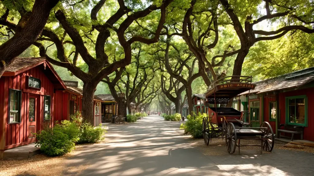 Pixie Woods children's theme park with vintage buildings, tree-lined walkway, and old-fashioned wagon in Stockton CA.