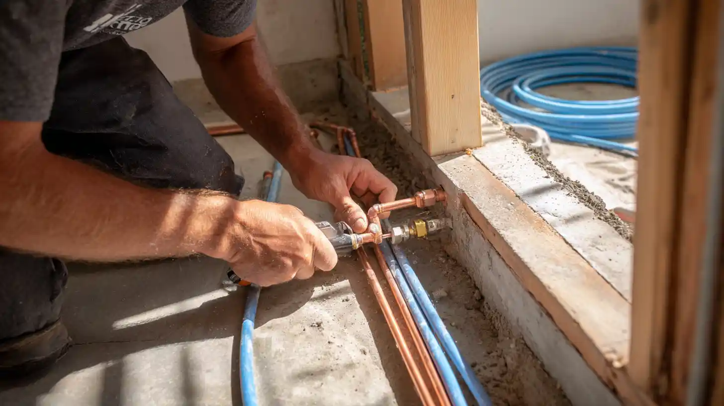 Plumbing installation showing copper pipe and PEX connections during bathroom remodel in Stockton CA