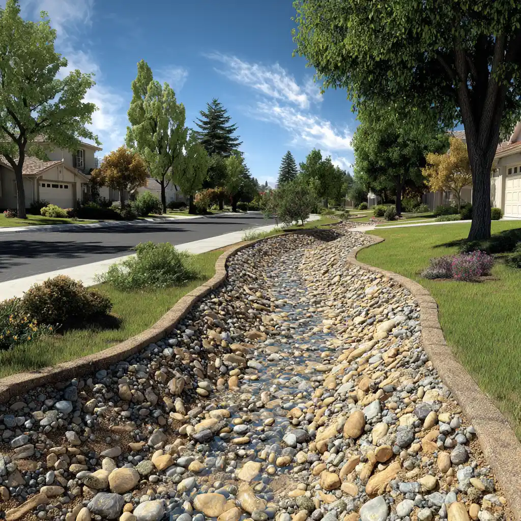 Decorative river rock drainage swale with landscaping along residential street in Stockton CA, showcasing professional drainage and curb appeal by Stockton Swift Fix.