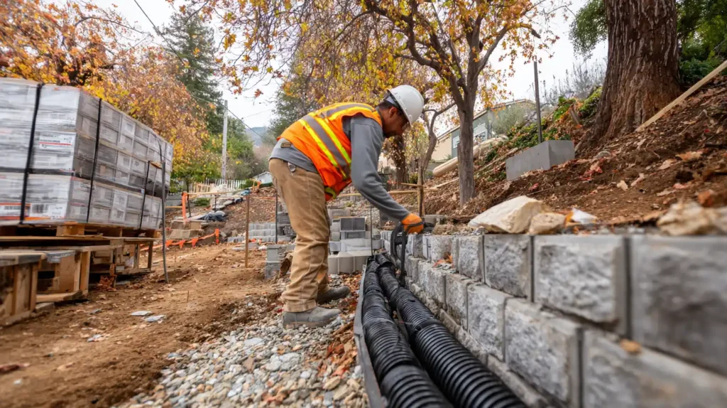 Stockton Swift Fix professional in safety vest building concrete block retaining wall with integrated drainage pipes on hillside Stockton CA property.