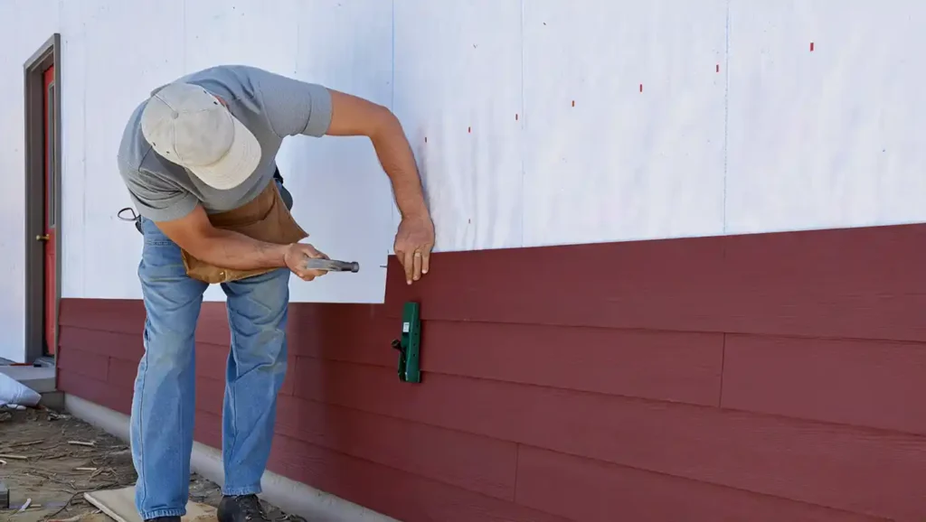 Hands installing barn-red fiber cement siding, showing Stockton Swift Fix expert exterior siding installation services in Stockton CA, built to withstand Central Valley heat and expansion.