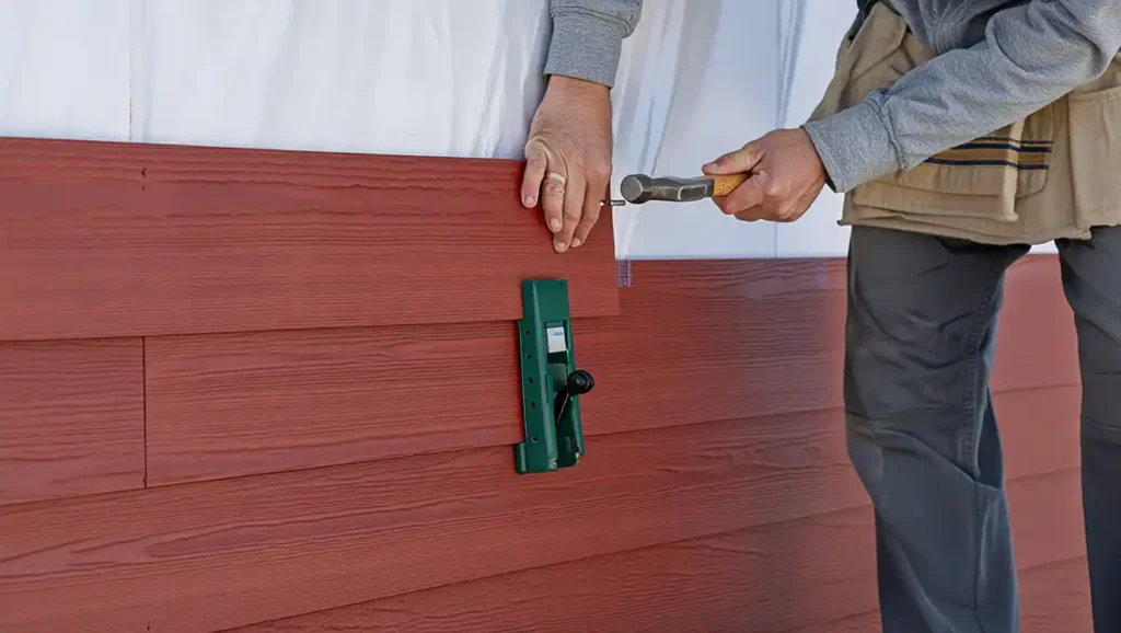 Close-up of barn-red siding install by Stockton Swift Fix, showing meticulous hammer work and detail on a Stockton CA property exterior.