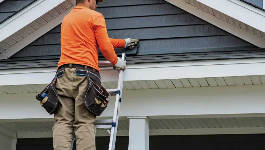 Installation of peppercorn-colored vinyl siding by Stockton Swift Fix, highlighting precise setup on Stockton CA home exteriors.