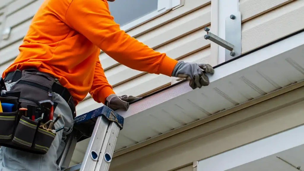 Stockton Swift Fix crew member installing siding from a ladder in Stockton CA, using safe practices for two-story homes and variable weather.