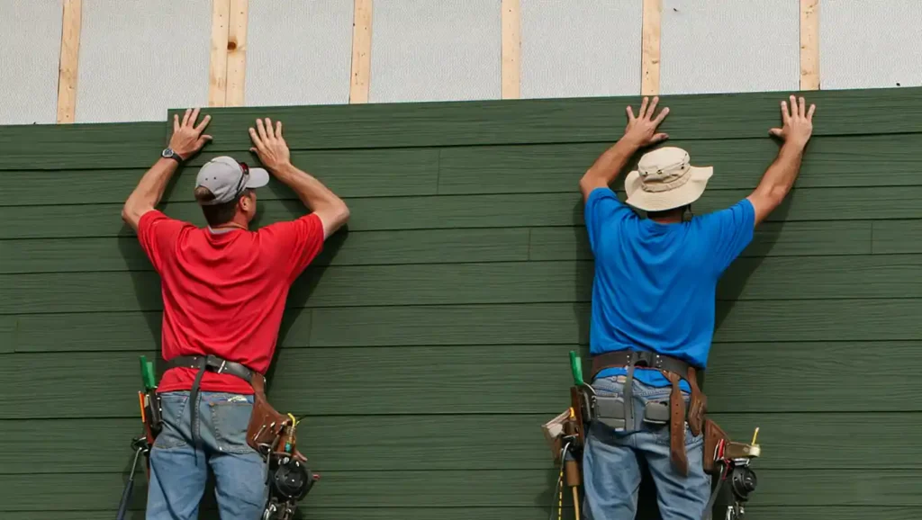 Stockton Swift Fix team in red and blue shirts installing green fiber cement siding, demonstrating expert coordination and craftsmanship on a Stockton CA exterior replacement project.