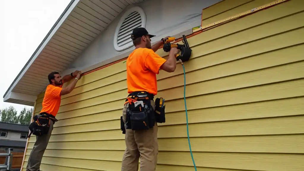 Stockton Swift Fix professionals in orange shirts installing yellow siding and measuring progress on a Stockton CA home during a siding replacement project.