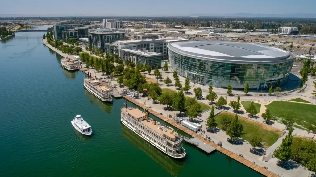 Aerial view of Stockton Marina and Waterfront District with boats, arena, and downtown buildings along waterway in Stockton CA.