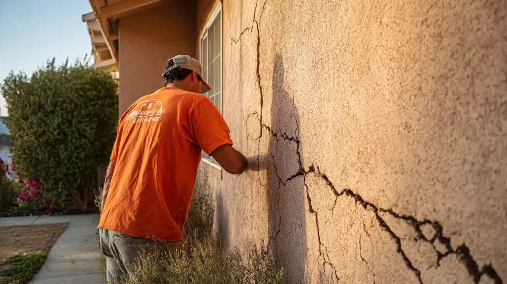 Handyman assessing and repairing large stucco cracks on exterior wall by Stockton Swift Fix in Stockton CA.