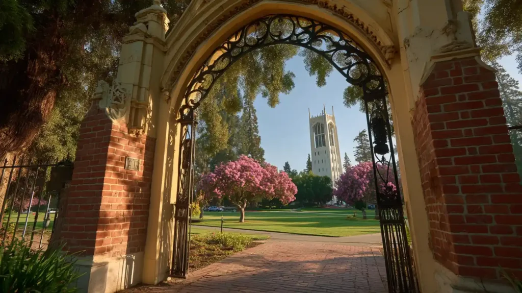 University of the Pacific campus entrance with ornate brick archway, pink flowering trees, and tower building in Stockton CA.