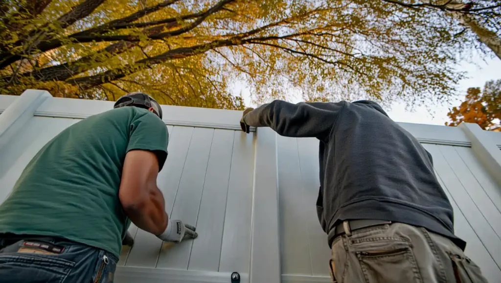 Stockton Swift Fix team installing white vinyl privacy fence panels in Stockton CA backyard, demonstrating professional fence installation services.