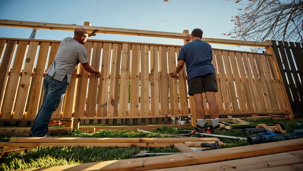 Stockton Swift Fix team building wood privacy fence in residential backyard, demonstrating professional fence installation services in Stockton CA.
