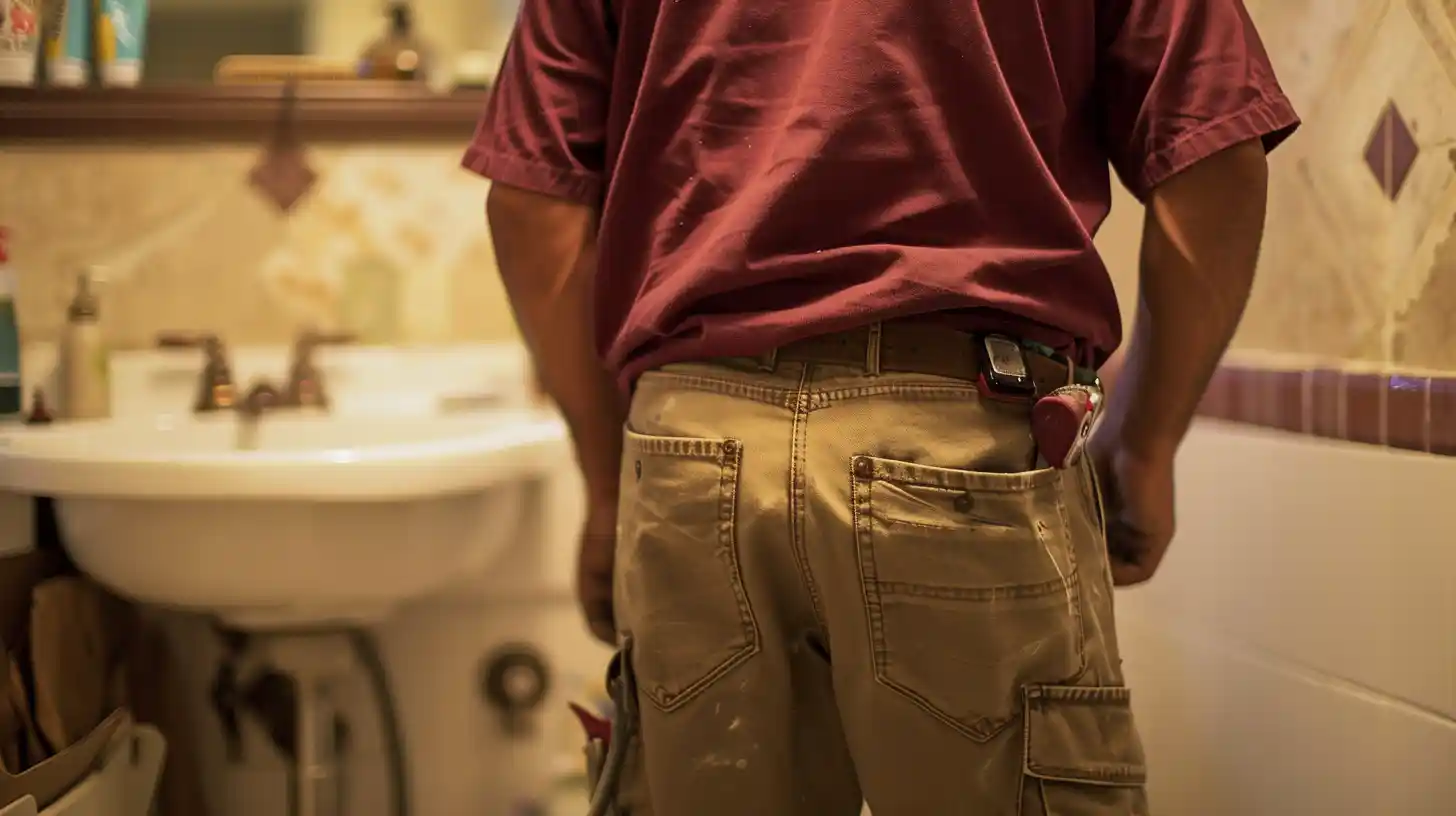 Guest bathroom faucet plumbing repair being performed by handyman in Stockton California home