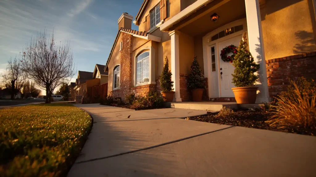 Beautiful holiday-decorated home exterior with wreaths and landscaping at sunset in Stockton CA prepared by Stockton Swift Fix.