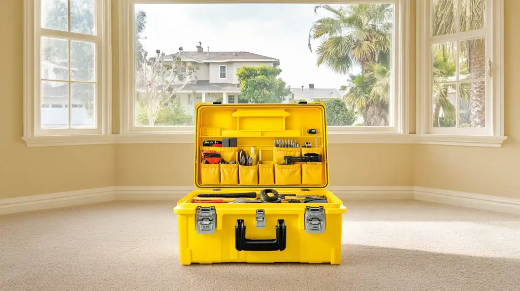 Professional yellow toolbox with handyman tools staged in vacant rental property unit with hardwood floors ready for turnover repairs by Stockton Swift Fix in Stockton CA.