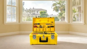 Professional yellow toolbox with handyman tools staged in vacant rental property unit with hardwood floors ready for turnover repairs by Stockton Swift Fix in Stockton CA.